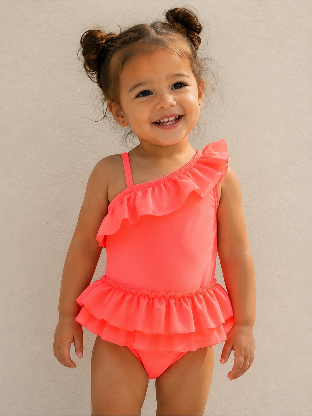Coral Ruffle One-Shoulder Toddler Girl’s Swimsuit-2T